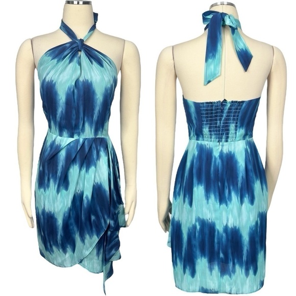 TOCCIN Pleated Faux Wrap Blue Ombre Tye Dye Sarong Halter Mini Dress Size 4 NEW - Picture 5 of 10